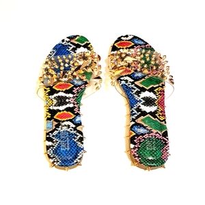 Cape Robbin, Multi Snake Clear Flat Mule Gold Studded Sandals